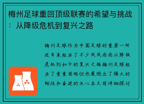 梅州足球重回顶级联赛的希望与挑战:从降级危机到复兴之路